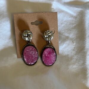 Pink Druzy Silver Knot Earrings